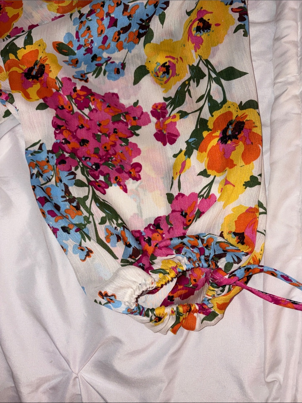 Umgee White V-Neck Floral Blouse with Yellow, Pink & Blue Blooms - Picture 6 of 6